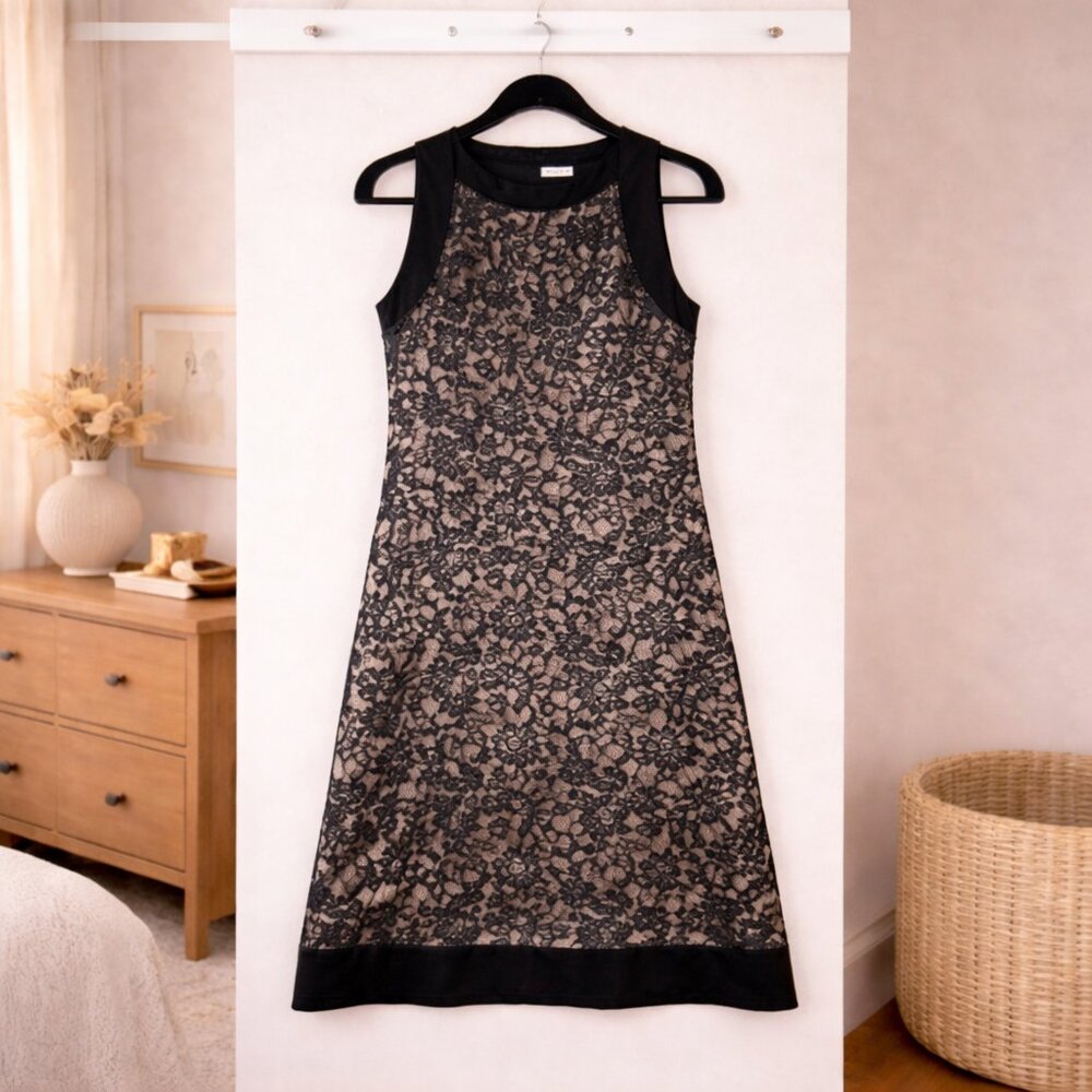 Badgley Mischka Black Floral Lace Satin Sleeveless Cocktail Dress Size Small